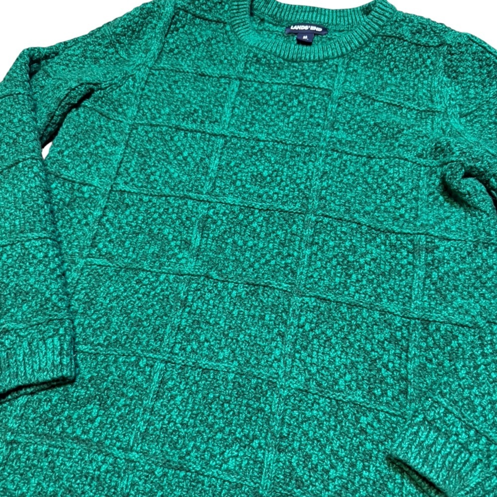 Lands’ End Women’s Green Grid Knit Crewneck Sweater Size Medium Cotton Wool - Picture 3 of 7